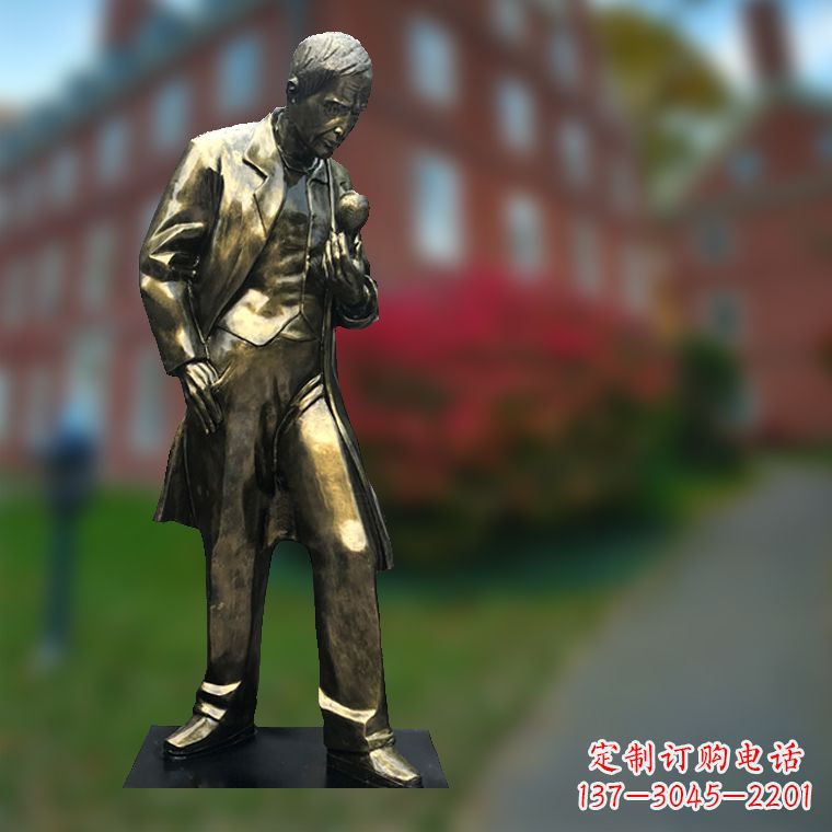 辽阳爱迪生与灯泡-玻璃钢仿铜校园名人全身雕塑