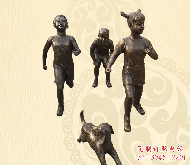 辽阳奔跑的儿童和小狗小品铜雕