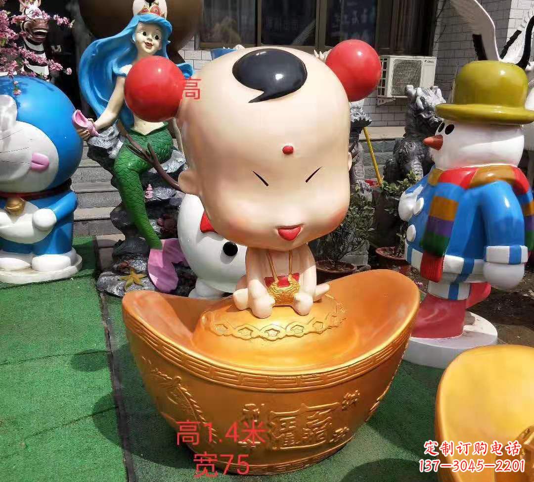 辽阳玻璃钢卡通元宝娃娃雕塑招财人物摆件