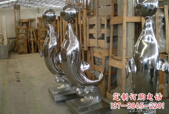 辽阳不锈钢抽象海豚顶球雕塑