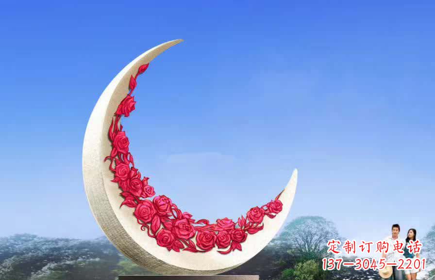 辽阳不锈钢广场月亮雕塑月光下的璀璨美景