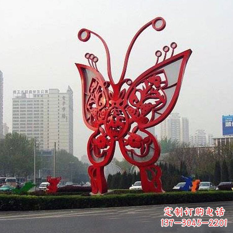辽阳城市园林道路绿化带大型红色蝴蝶不锈钢雕塑景观