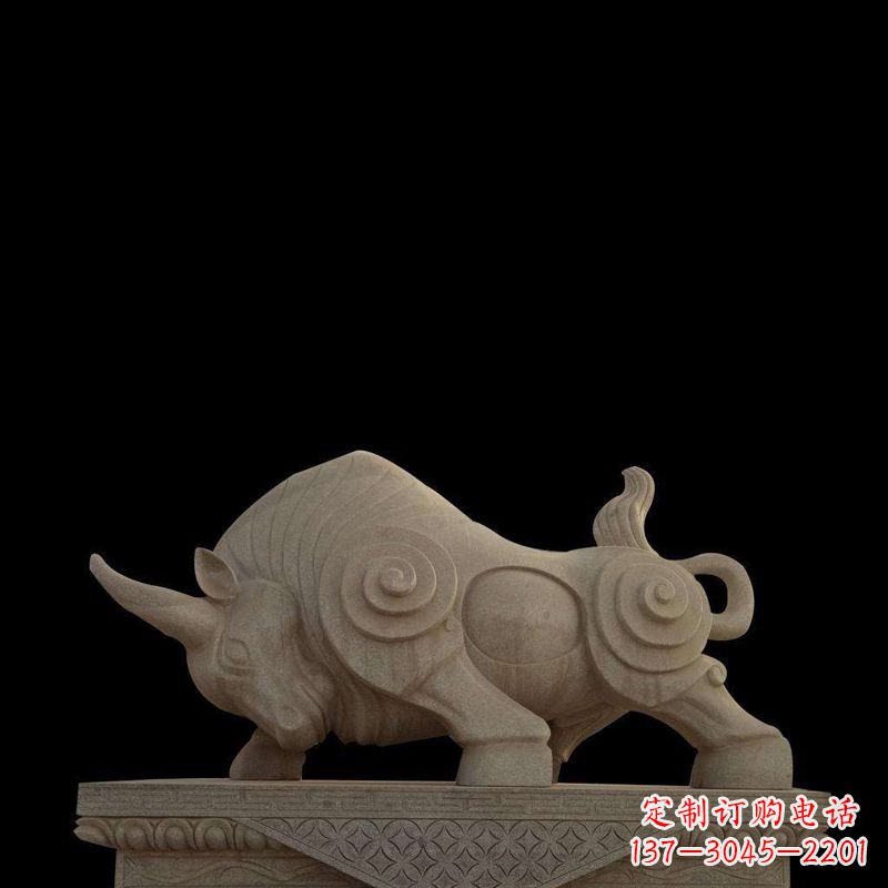 辽阳抽象牛砂岩雕塑-生肖动物石雕摆件