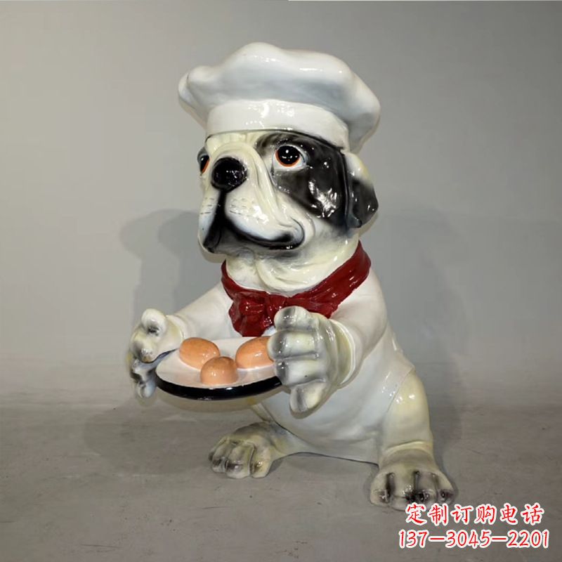 辽阳厨师造型斗牛犬,玻璃钢仿陶瓷狗雕塑