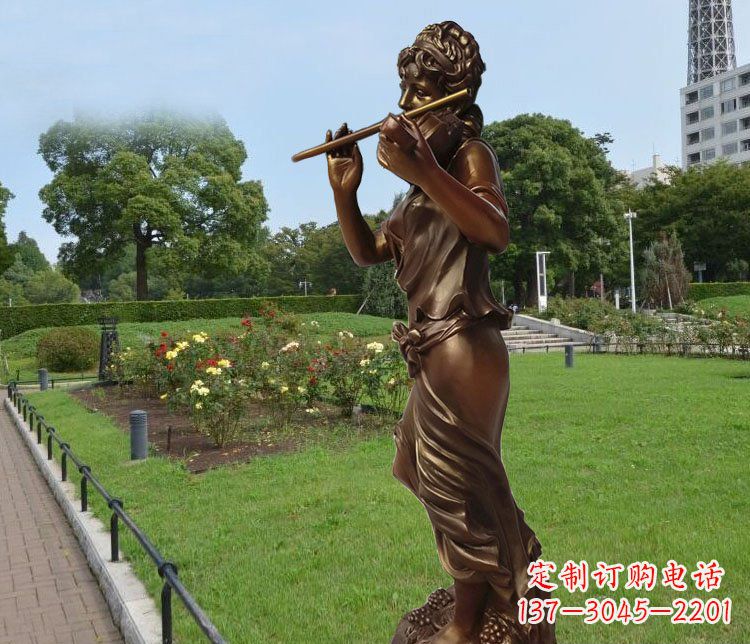 辽阳吹笛子的美女城市花园景观玻璃钢仿铜雕塑