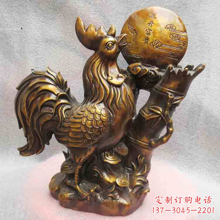 辽阳纯铜公鸡雕塑-花开富贵生肖动物摆件