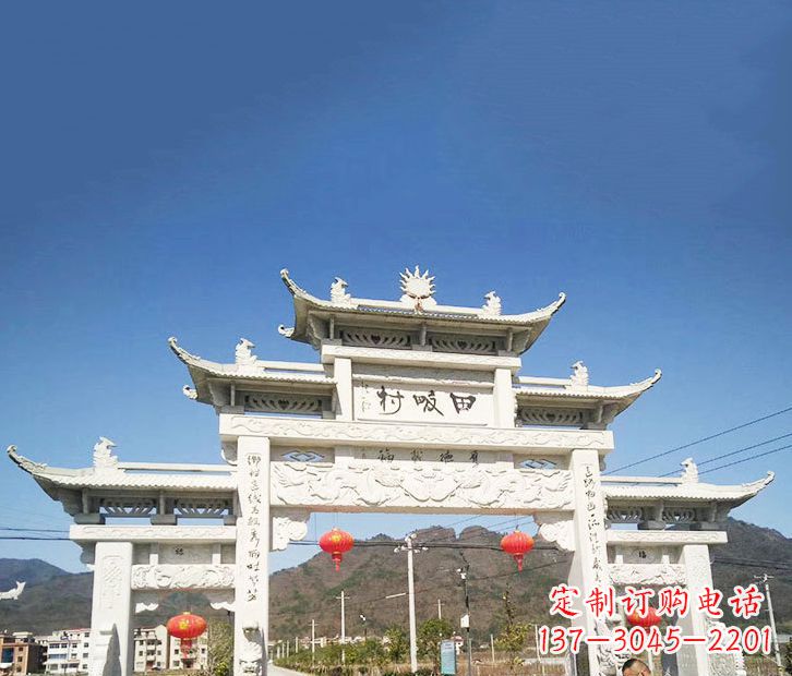 辽阳村庄三门五楼石牌坊石雕 (2)
