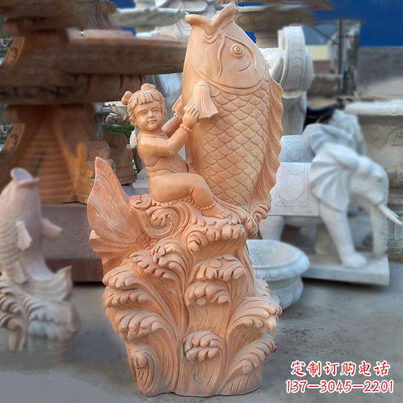 辽阳大型喷水鲤鱼雕塑-晚霞红石喷泉