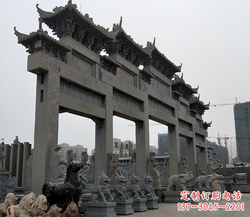 辽阳大型五门仿古牌坊石雕 (3)