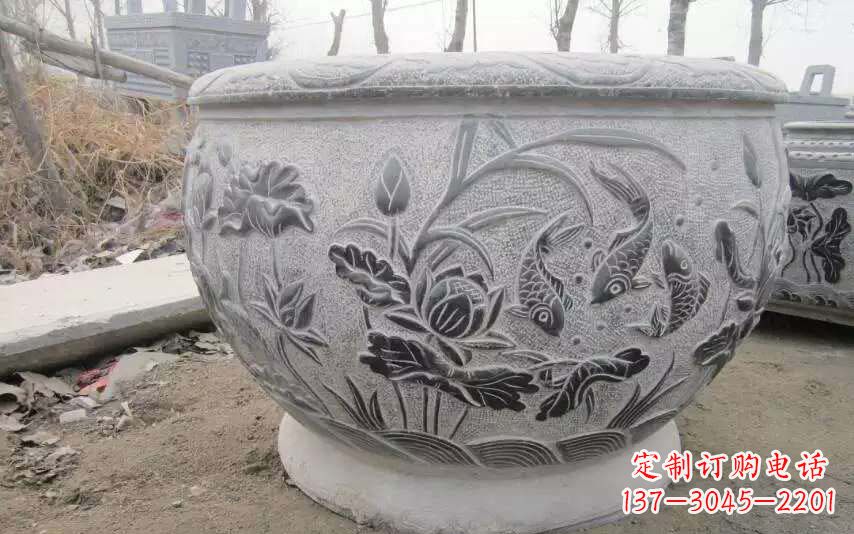 辽阳仿古雕刻鲤鱼石浮雕水缸