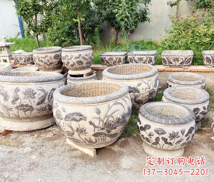 辽阳仿古石雕鲤鱼浮雕水缸