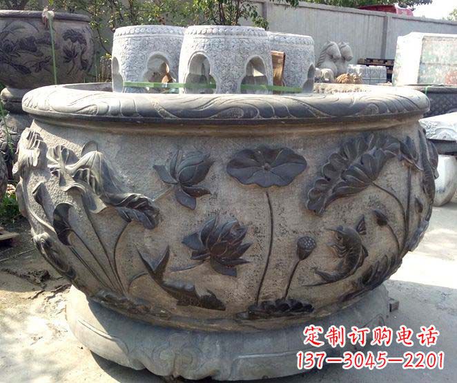 辽阳精美仿古荷花鲤鱼浮雕石水缸