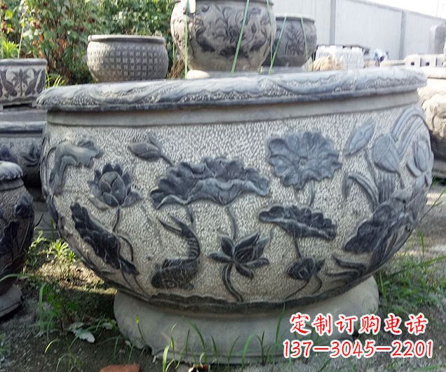 辽阳中领雕塑仿古荷花石浮雕水缸