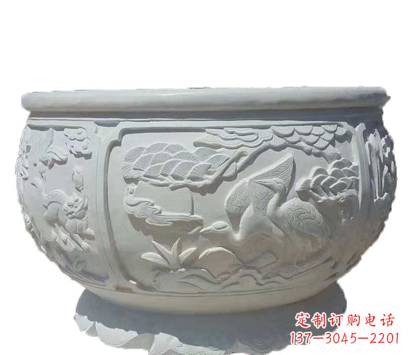 辽阳仿古鱼缸石雕花盆摆件