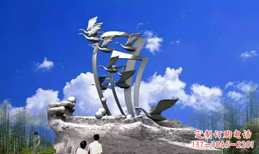 辽阳公园不锈钢飞翔的天鹅雕塑1