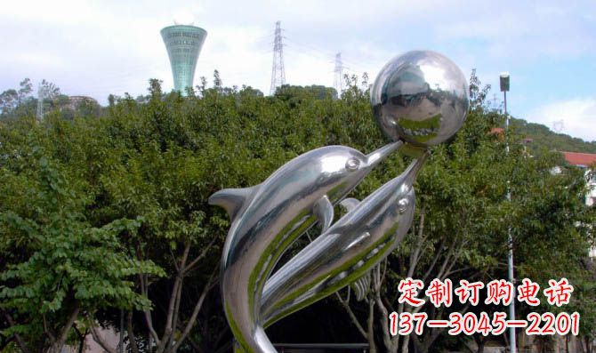 辽阳高贵静谧的不锈钢海豚顶球雕塑