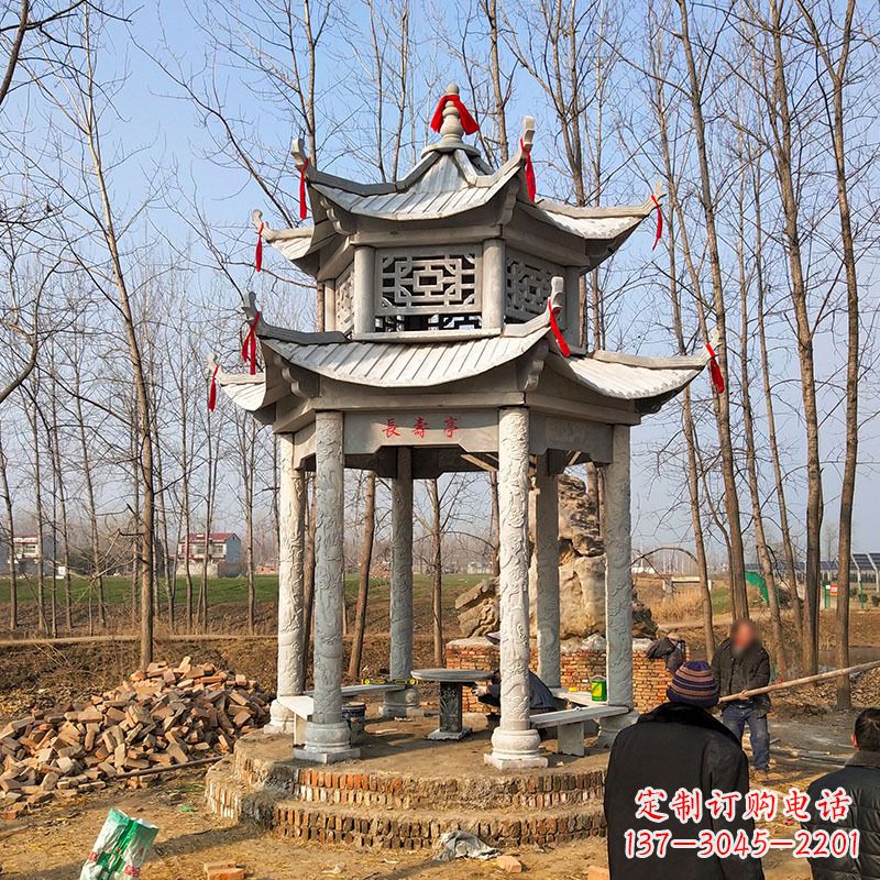 辽阳公园景区园林凉亭,大理石双层石雕凉亭