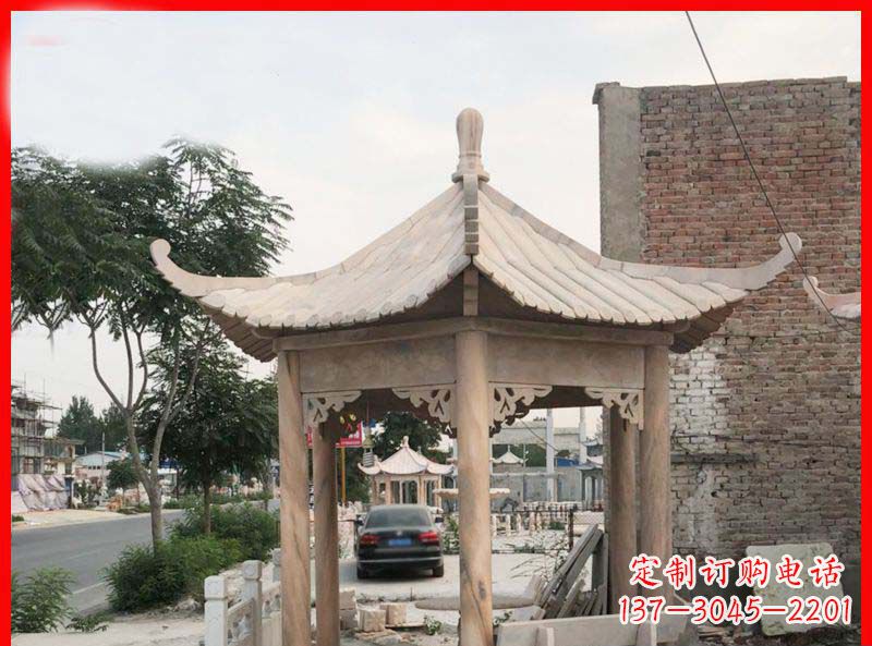 辽阳公园晚霞红六角石凉亭雕塑