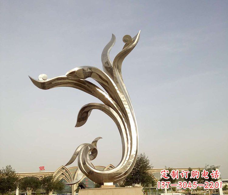 辽阳中国传统图案雕刻定制——高端不锈钢抽象金凤凰雕塑