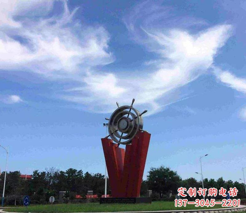 辽阳海上风情,精致大气的不锈钢船舵雕塑