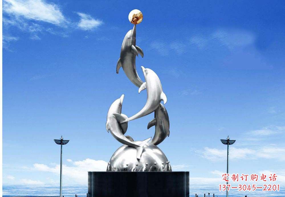 辽阳广场不锈钢海豚顶球雕塑