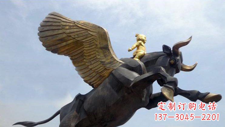 辽阳广场骑飞牛的小孩景观铜雕