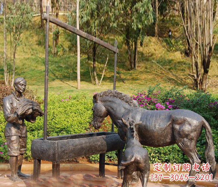 辽阳广场铜雕喂马动物雕塑