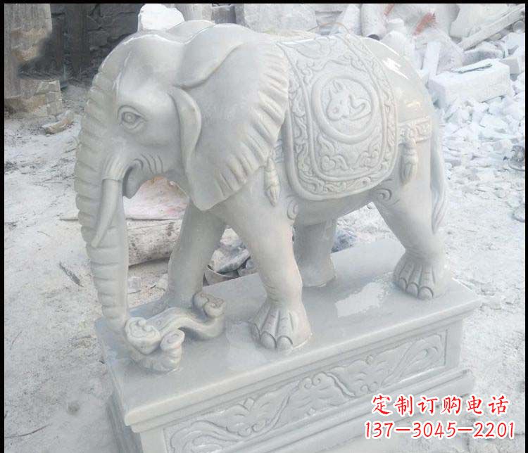 辽阳精美汉白玉吉祥鼻卷如意大象雕塑