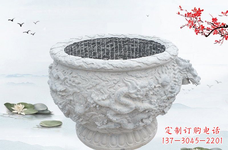 辽阳汉白玉龙浮雕水缸，传承传统经典