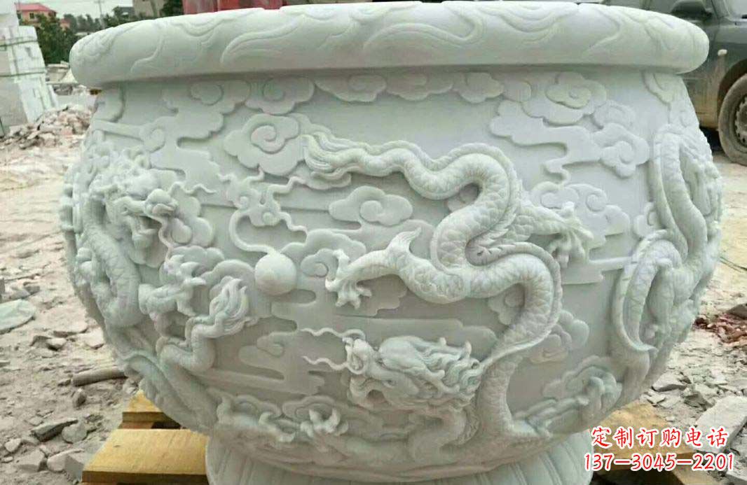 辽阳汉白玉龙浮雕水缸雕塑