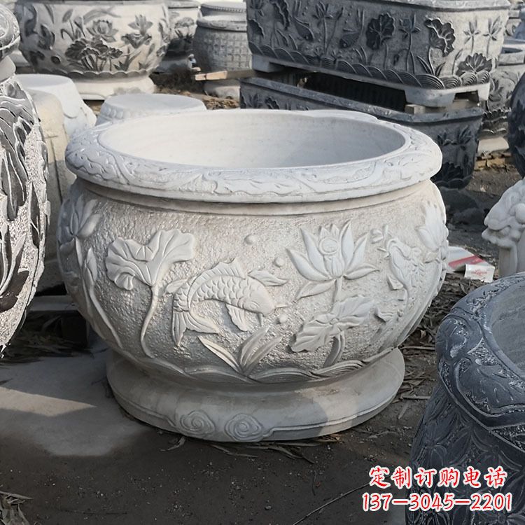 辽阳汉白玉石雕鱼缸