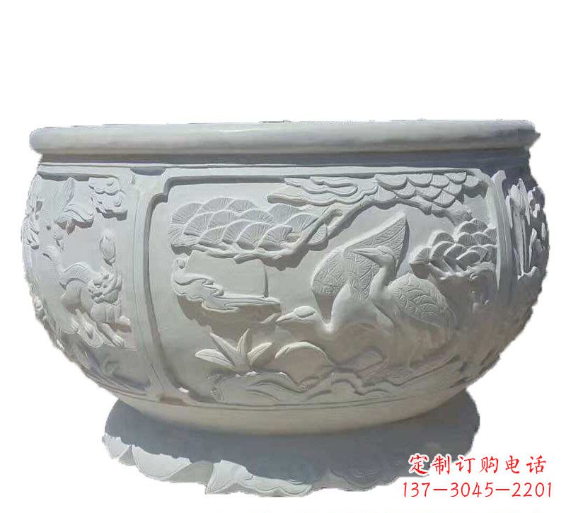 辽阳汉白玉松鹤延年浮雕水缸