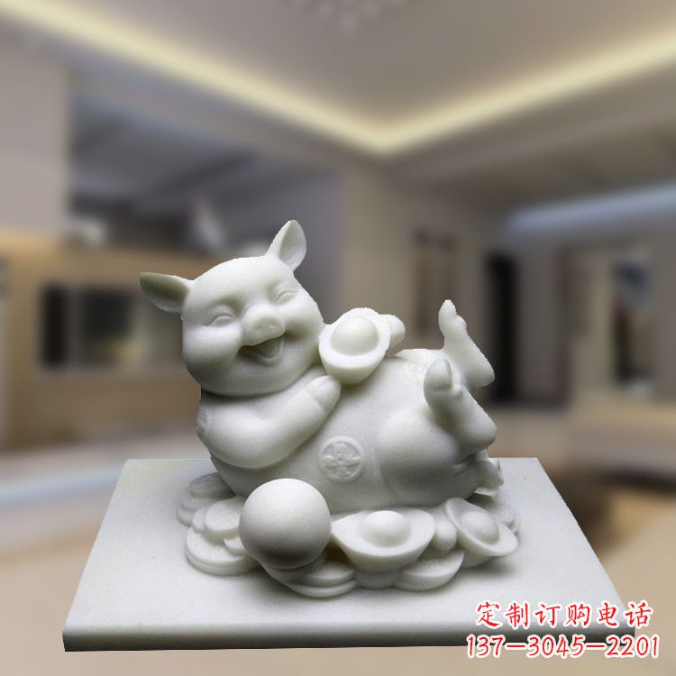 辽阳汉白玉动物雕塑,招财猪石雕精美装饰
