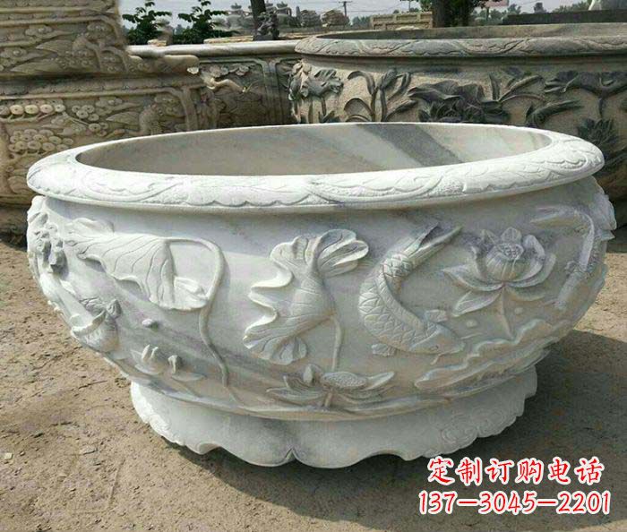 辽阳荷花鲤鱼石雕招财水缸