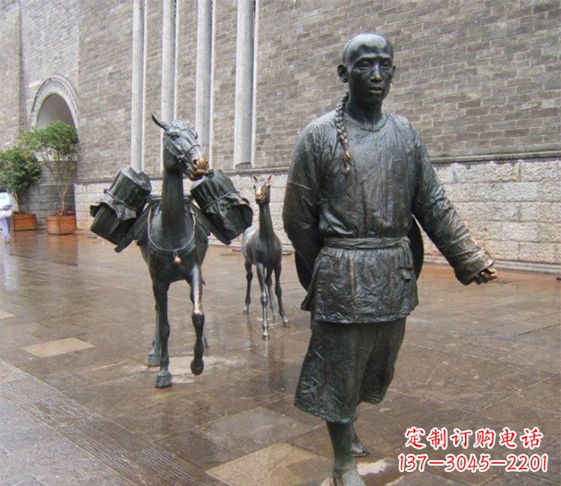 辽阳街边牵毛驴的古代人物小品铜雕
