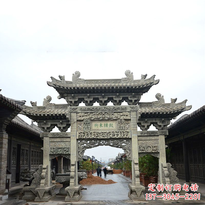 辽阳特色街道三门石雕牌楼雕塑