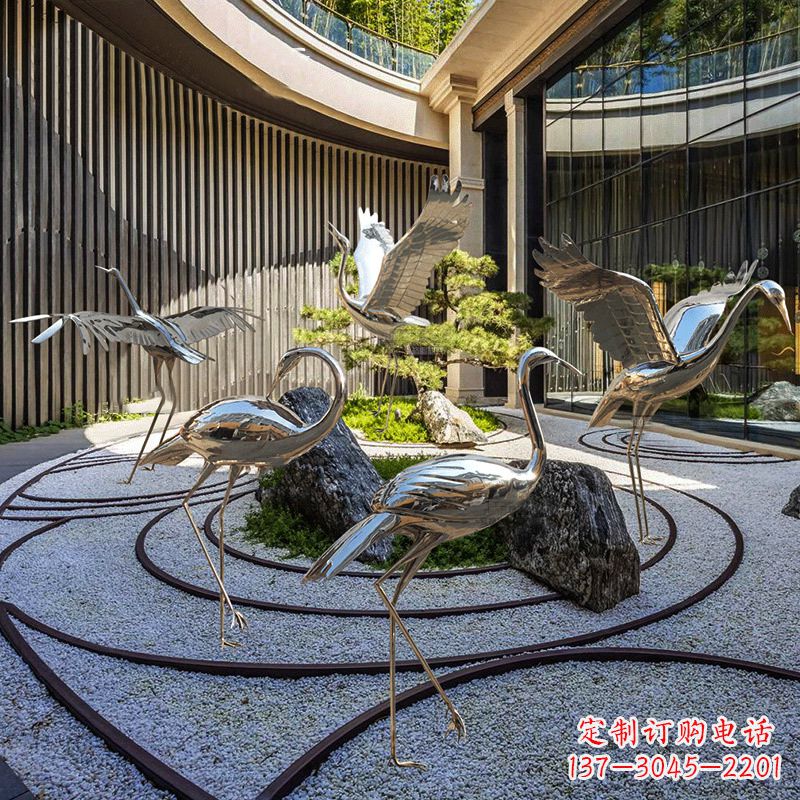 辽阳镜面不锈钢仙鹤雕塑,别墅庭院室内动物装饰摆件