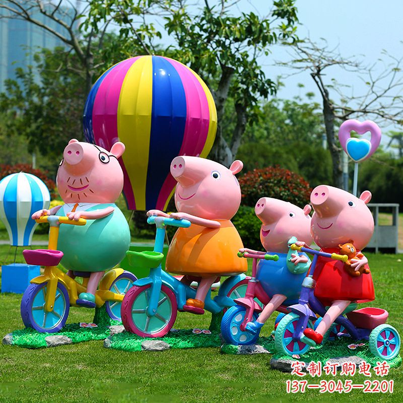 辽阳卡通雕塑小猪佩奇骑自行车-幼儿园雕塑摆件