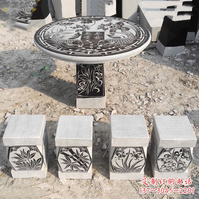 辽阳梅兰竹菊仿古方石桌凳雕塑,古朴典雅