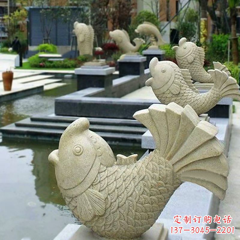 辽阳喷水鱼砂岩石雕-园林水池雕塑
