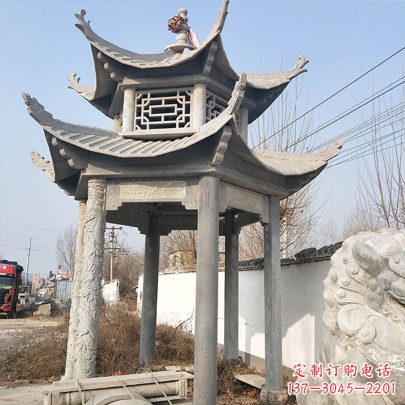 辽阳典雅精美的青石六角石凉亭雕塑