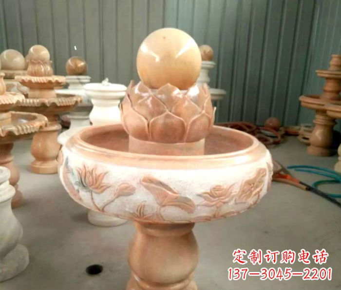辽阳石来运转晚霞红风水球喷泉石雕