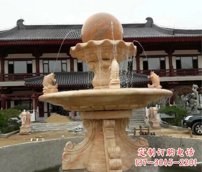 辽阳双层风水球喷泉晚霞红石雕