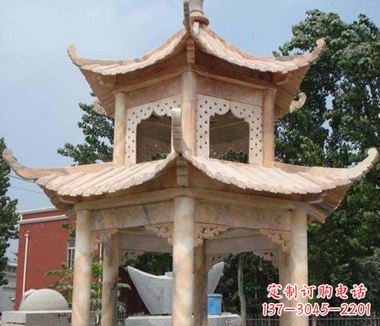 辽阳双层晚霞红凉亭石雕