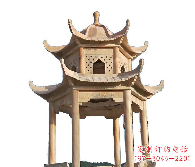 辽阳双层晚霞红凉亭石雕 (2)