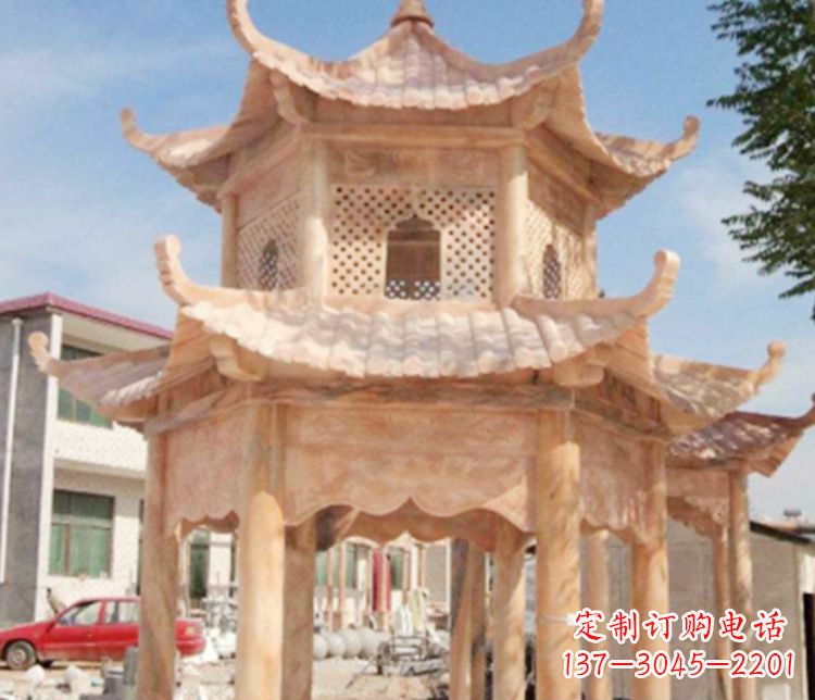 辽阳双层晚霞红石凉亭石雕