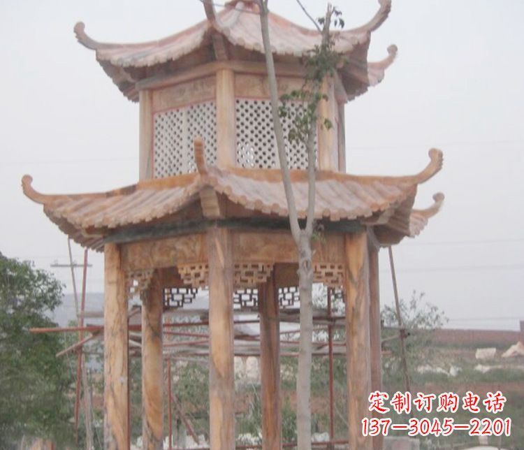 辽阳双层晚霞红石凉亭石雕 (2)