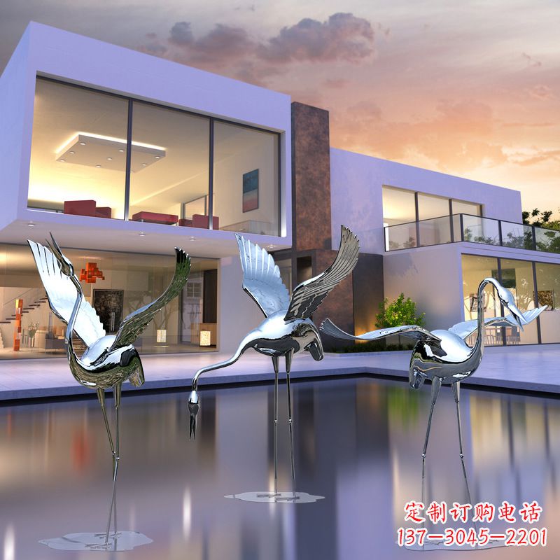 辽阳水景仙鹤不锈钢镜面雕塑