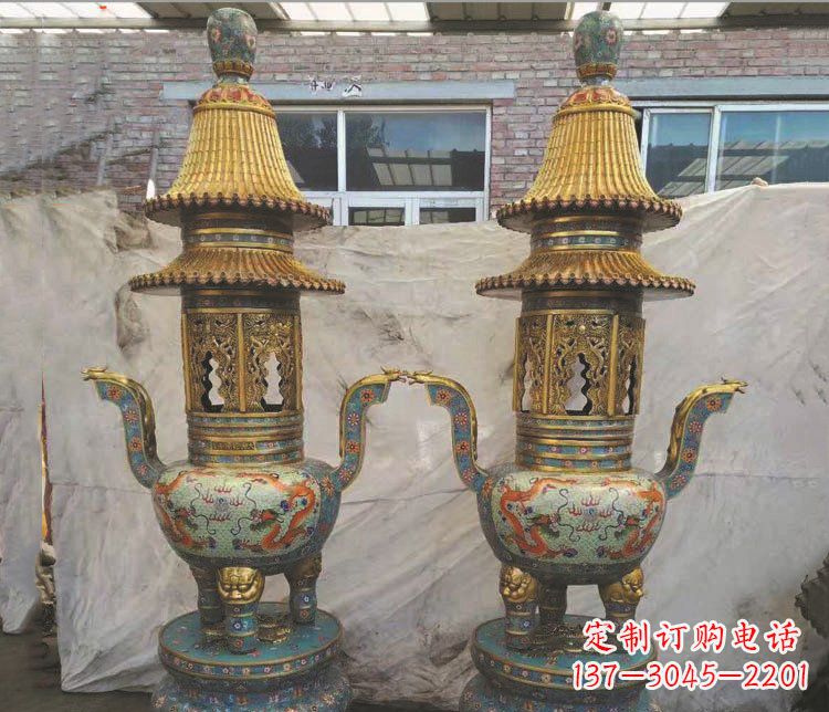 辽阳铜雕景泰蓝香炉雕塑摆件