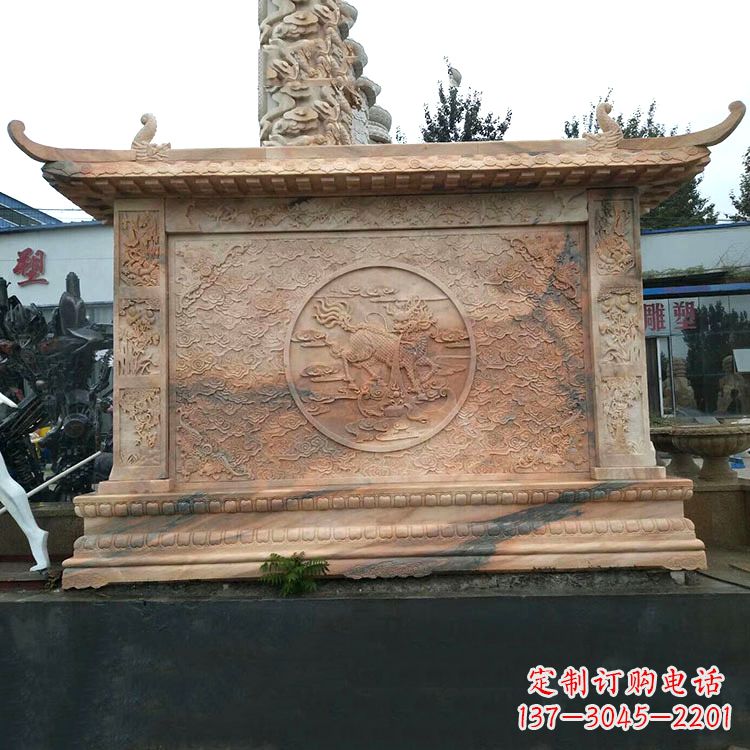 辽阳晚霞红麒麟影壁墙石雕